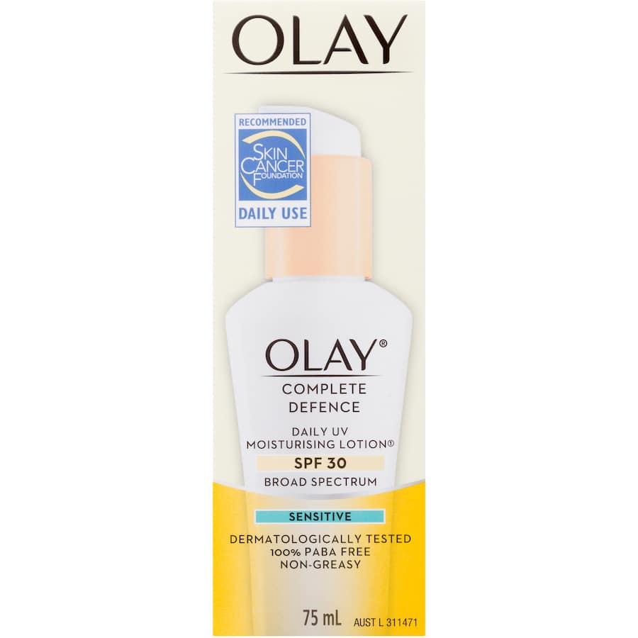 Olay Complete Defense UV Moisturising Lotion SPF 30, a lightweight moisturizer for sensitive skin with sun protection and hydration.