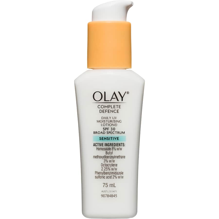 Lightweight Olay UV Moisturising Lotion SPF 30, designed to hydrate and protect sensitive skin from sun damage.