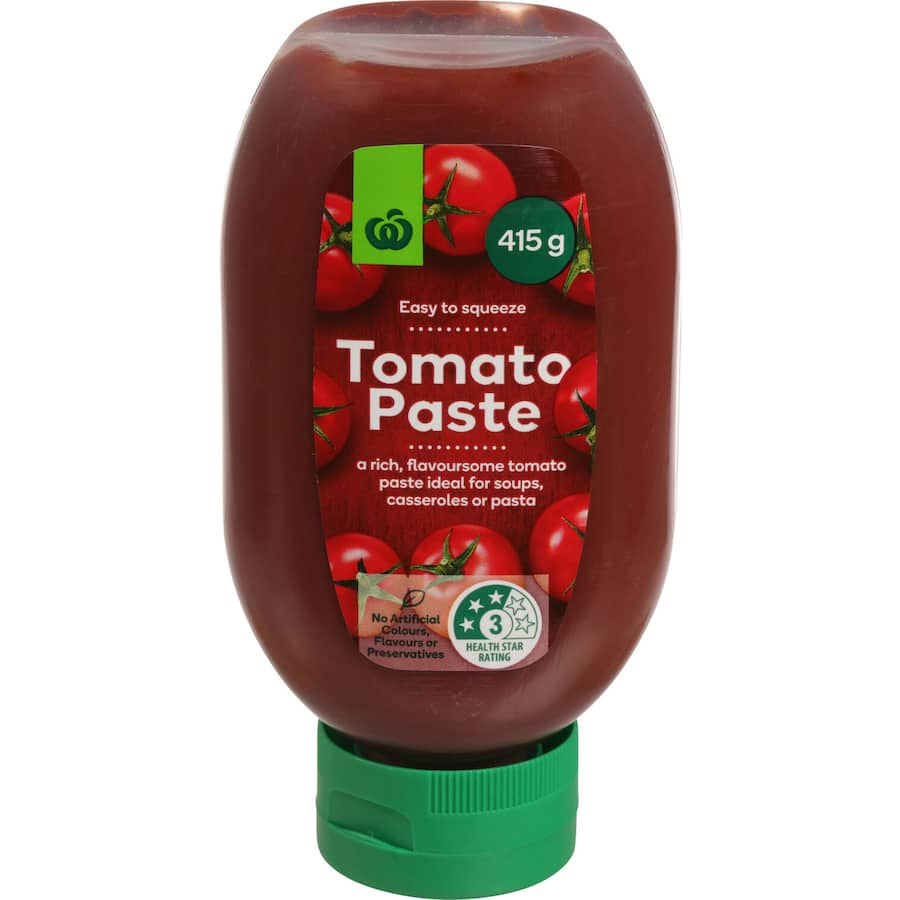 Woolworths Tomato Paste in an easy-squeeze container, perfect for enhancing soups, sauces, and casseroles with rich flavor.