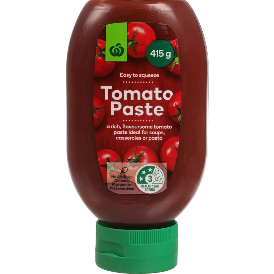 Woolworths Tomato Paste in an easy-squeeze container, perfect for enhancing soups, casseroles, and pasta dishes.