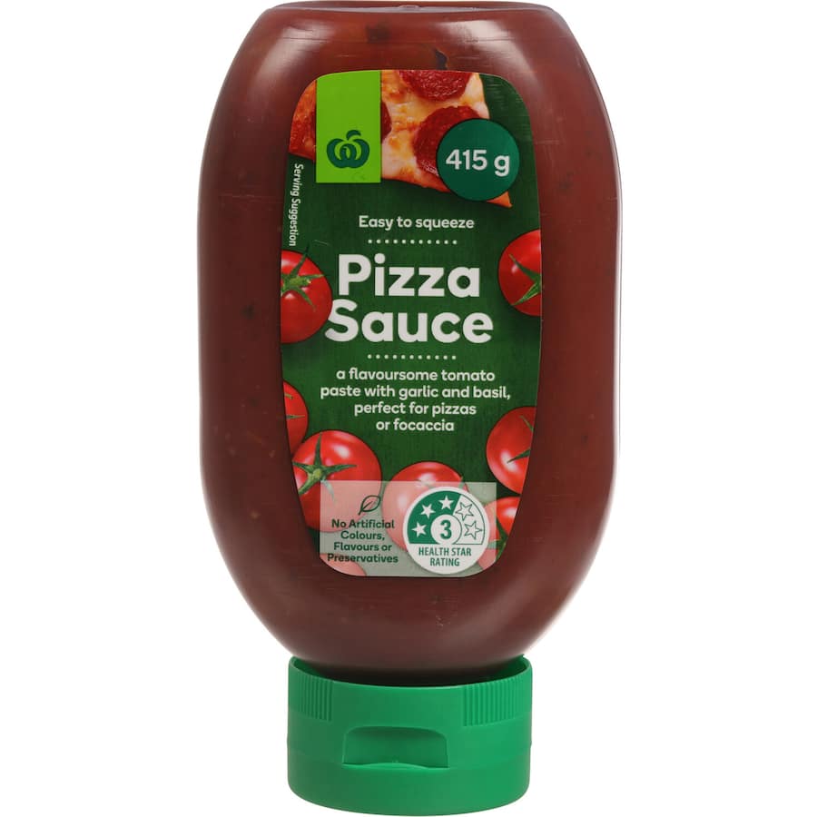 Woolworths Pizza Sauce with garlic and basil, made from ripe tomatoes, perfect for gourmet pizzas and focaccias.