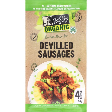 Mrs Rogers Organic Recipe Base for Devilled Sausages, featuring premium organic ingredients and easy preparation for flavorful meals.