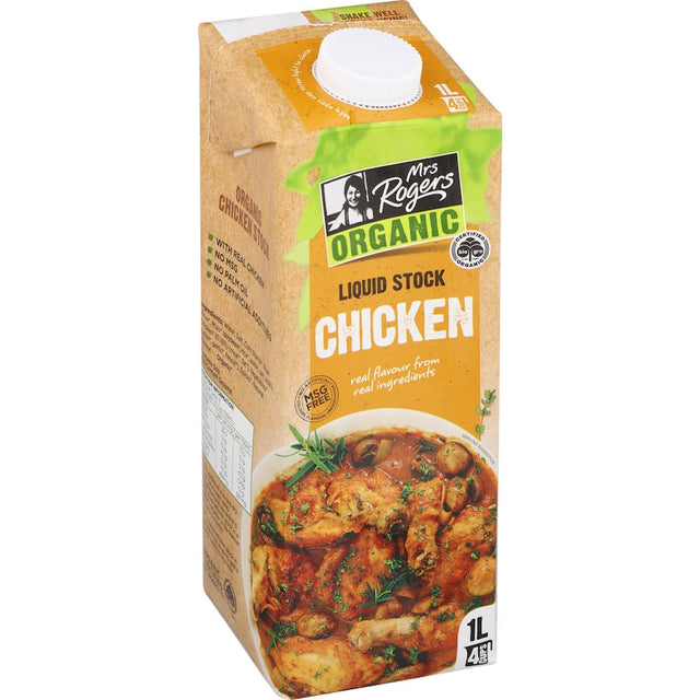 Mrs Rogers Organic Chicken Stock Liquid carton, perfect for enhancing soups and sauces with rich, natural flavor.