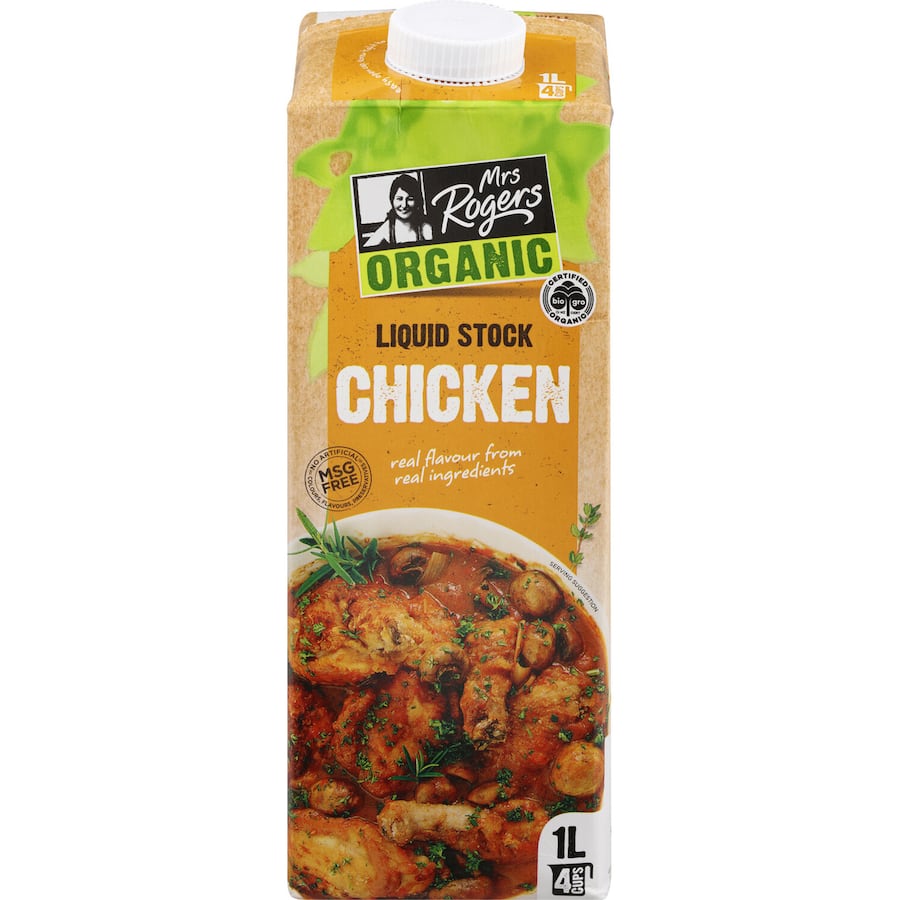 Mrs Rogers Organic Chicken Stock Liquid in a 1-liter carton, perfect for enhancing soups, risottos, and sauces with rich flavor.