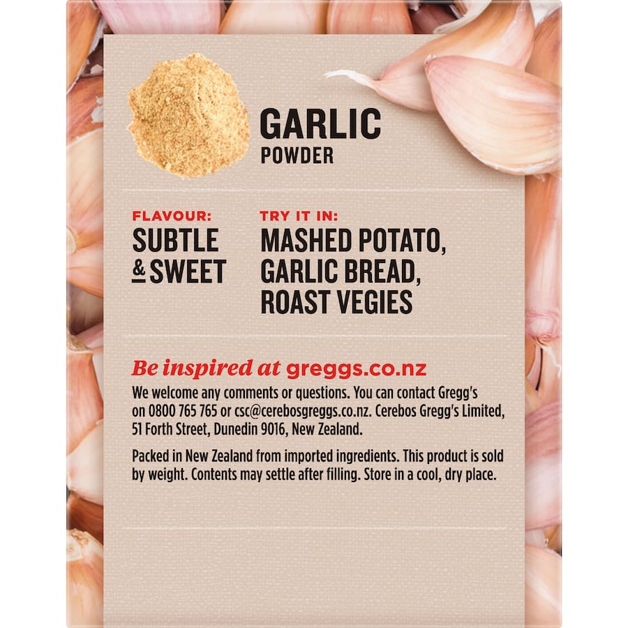 Gregg's Garlic Powder: a versatile, high-quality spice that enhances flavor in pasta, soups, and stir-fries.