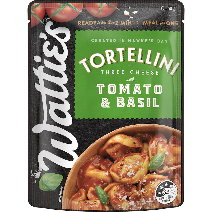 Wattie's Ready To Serve Tortellini with tomato and basil sauce, featuring three-cheese tortellini and 97% fat-free nutrition.