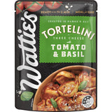 Wattie's Ready To Serve Tortellini with tomato and basil sauce, featuring three-cheese tortellini and 97% fat-free nutrition.