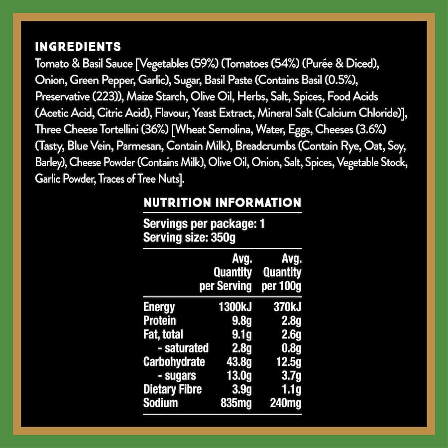 Wattie's Ready To Serve Tortellini featuring three-cheese pasta in a tomato and basil sauce, nutritious and quick meal option.