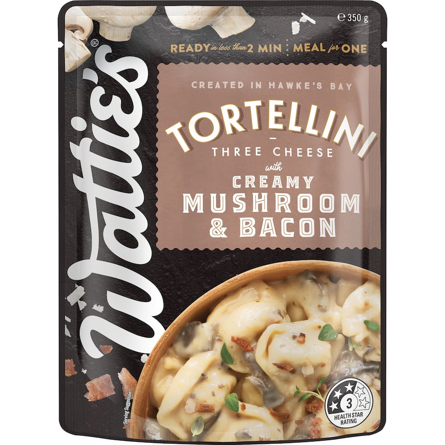 Wattie's Ready To Serve Tortellini with creamy mushroom and bacon in a convenient pouch, ready in under 2 minutes.