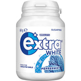 Wrigley's Extra White Peppermint chewing gum pack with 46 sugar-free pieces for refreshing breath and dental health.