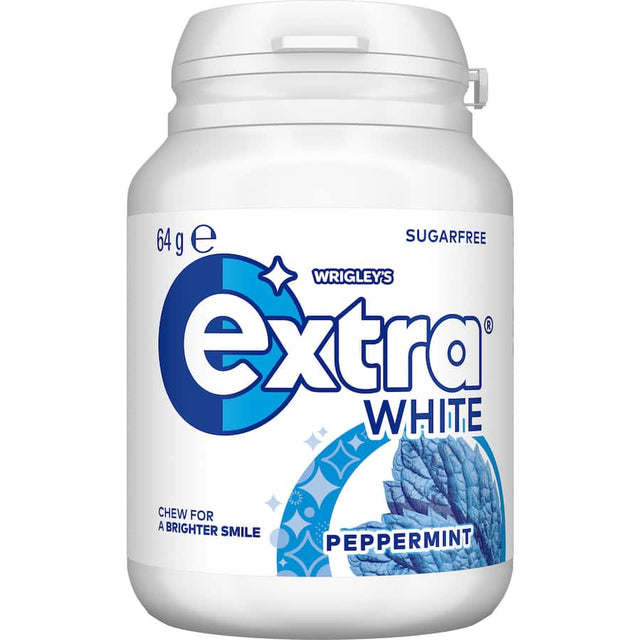 Wrigley's Extra White Peppermint chewing gum pack with 46 sugar-free pieces for refreshing breath and dental health.