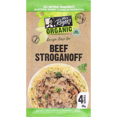 Organic Beef Stroganoff base by Mrs. Rogers, featuring tender beef, mushrooms, and a creamy sauce for easy weeknight meals.