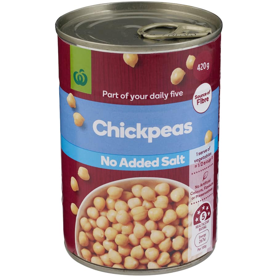 Woolworths No Added Salt Chickpeas, high-fiber, protein-rich legumes, perfect for salads, soups, and hummus.