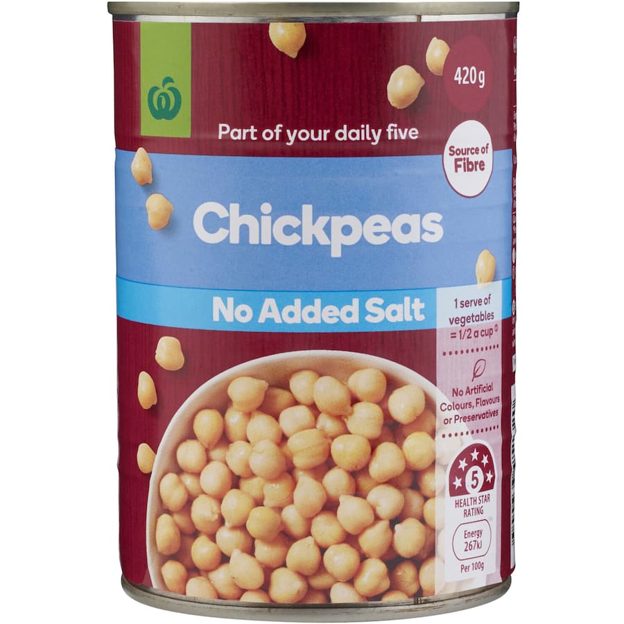 Canned Woolworths chickpeas with no added salt, perfect for healthy salads, soups, curries, and homemade hummus.