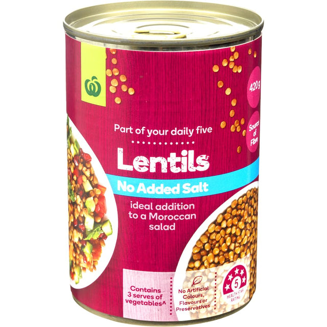 Woolworths No Added Salt Lentils in a 420g pack, ideal for nutritious dishes and plant-based meals, rich in fiber.