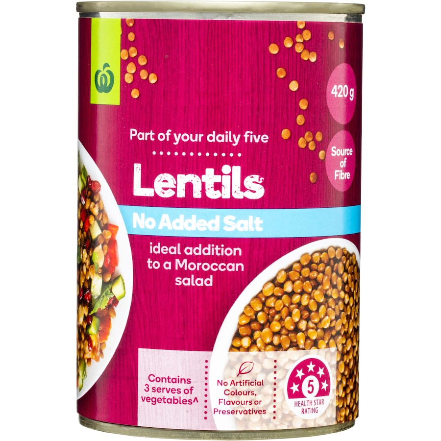 Woolworths Lentils No Added Salt, nutritious and versatile for salads, packed with fiber and free from additives.