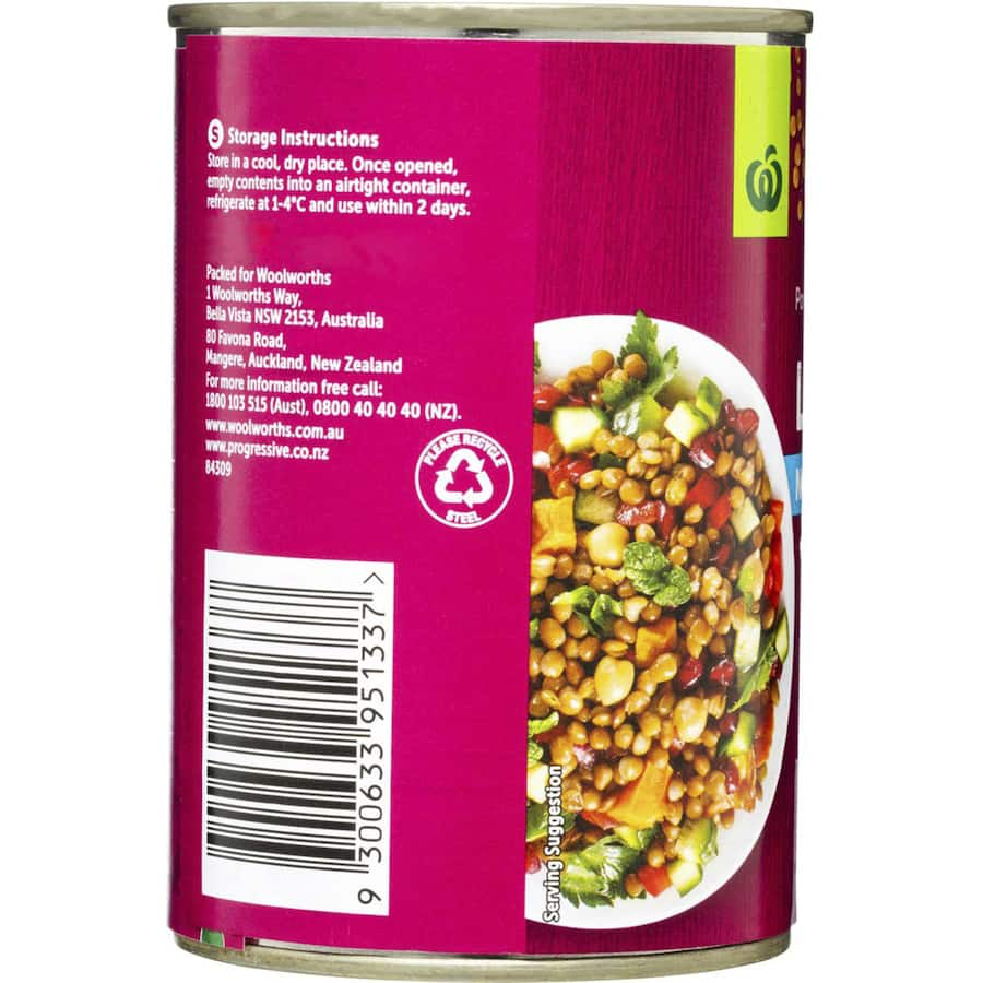 High-quality Woolworths lentils with no added salt, perfect for nutritious dishes like Moroccan salad, rich in fiber.