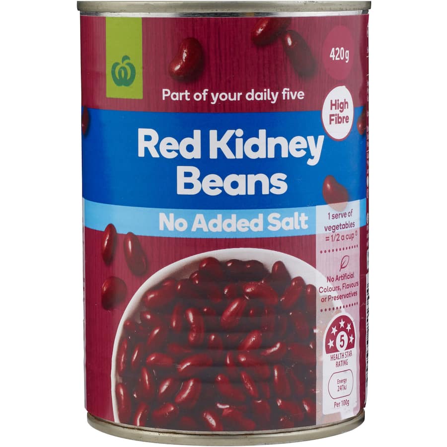 Woolworths red kidney beans, no added salt, perfect for nutritious dishes like chili con carne or bean salsa.