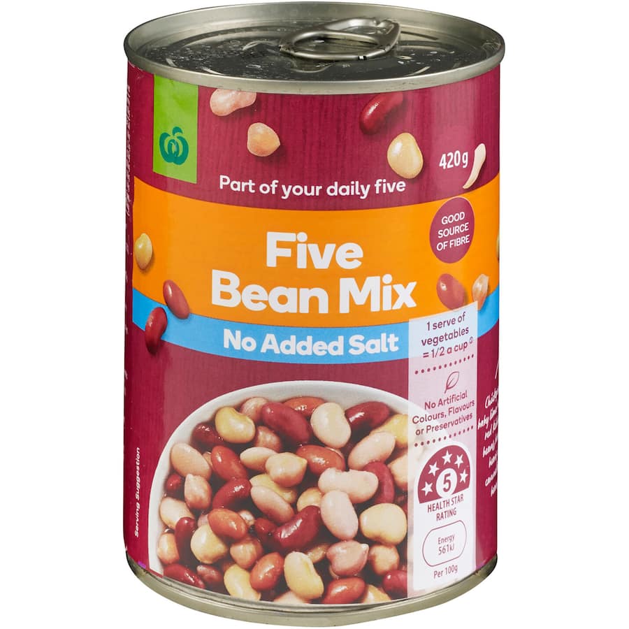 Woolworths Beans 5 Mix No Added Salt, a nutritious blend of versatile beans, perfect for salads and soups.