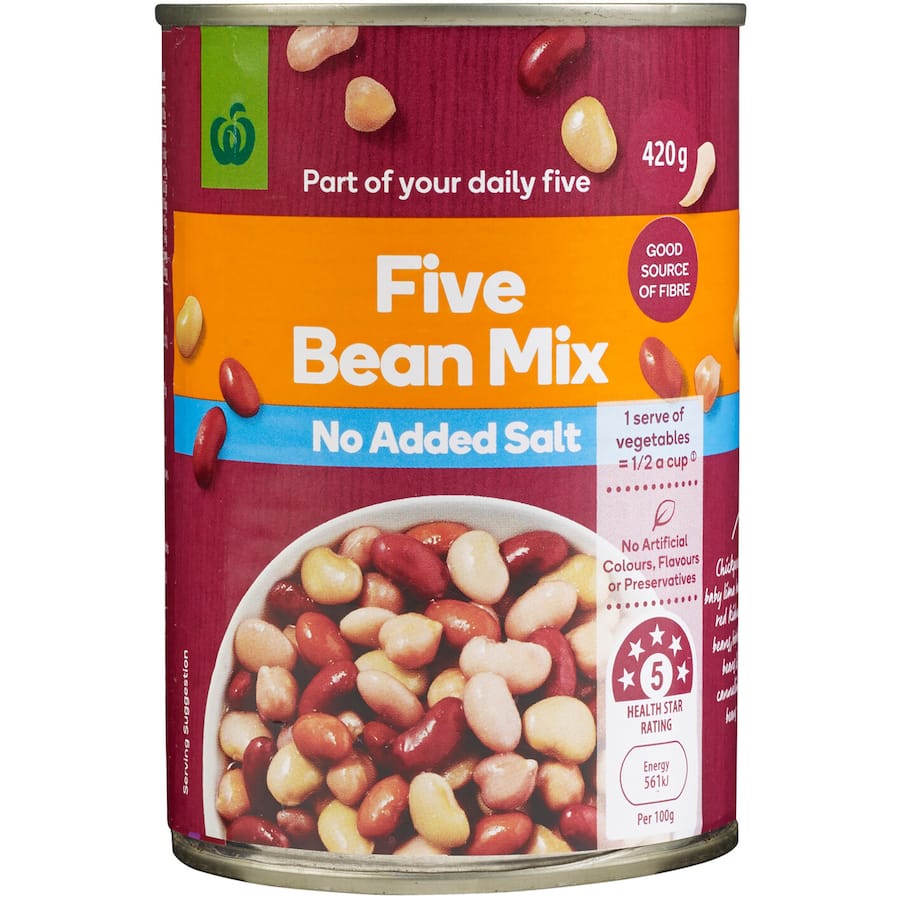 Woolworths Beans 5 Mix No Added Salt, a nutritious blend of versatile beans rich in fiber, ideal for healthy meals.