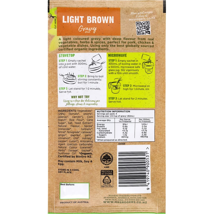 Mrs Rogers Organic Gravy Mix Light Brown enhances meals with rich flavor, made from high-quality organic, gluten-free ingredients.