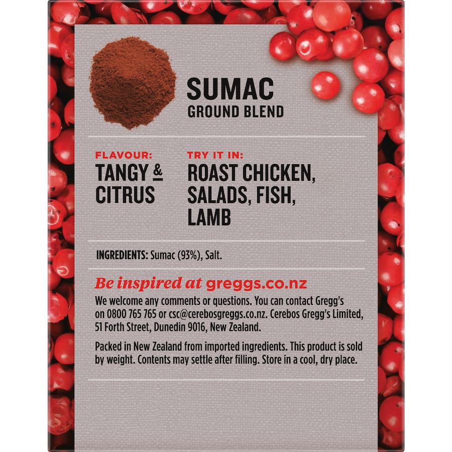 Ground sumac blend by Gregg's, featuring vibrant color and tangy flavor for enhancing meats, salads, and dips.