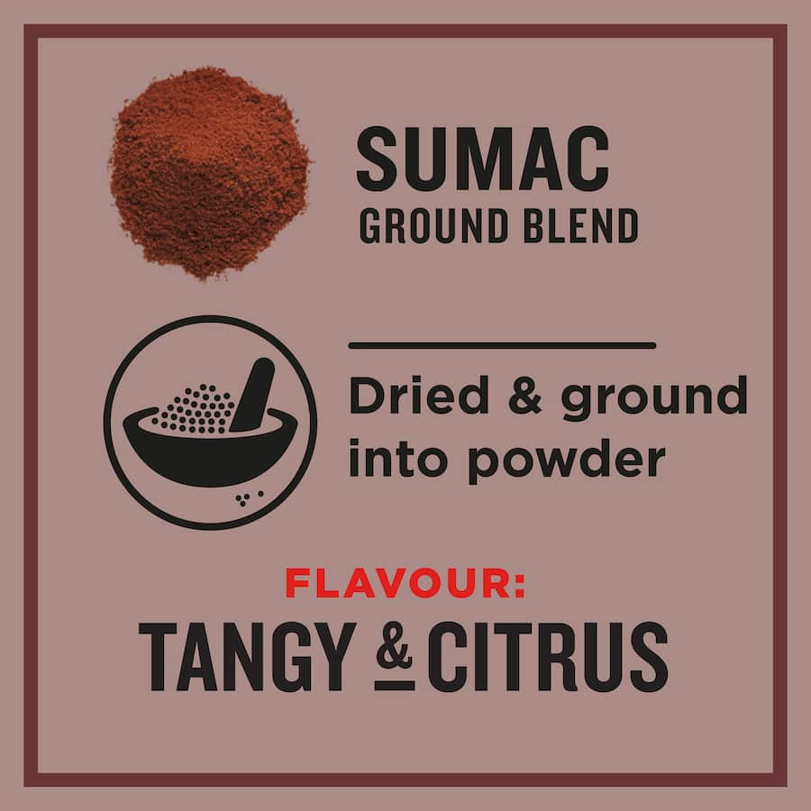 Ground sumac spice blend in a jar, offering tangy flavor ideal for meats, salads, and Mediterranean dishes.