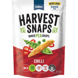 Harvest Snaps Pea Crisps Chilli: gluten-free, crunchy snacks made from peas, delivering a spicy kick and high protein.