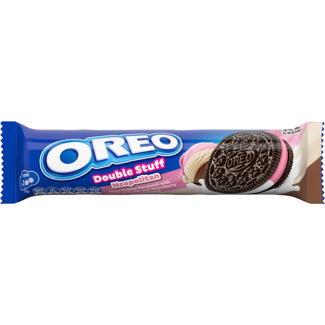 Oreo Neapolitan biscuits featuring vanilla, chocolate, and strawberry creme, with a crunchy cookie texture and rich filling.