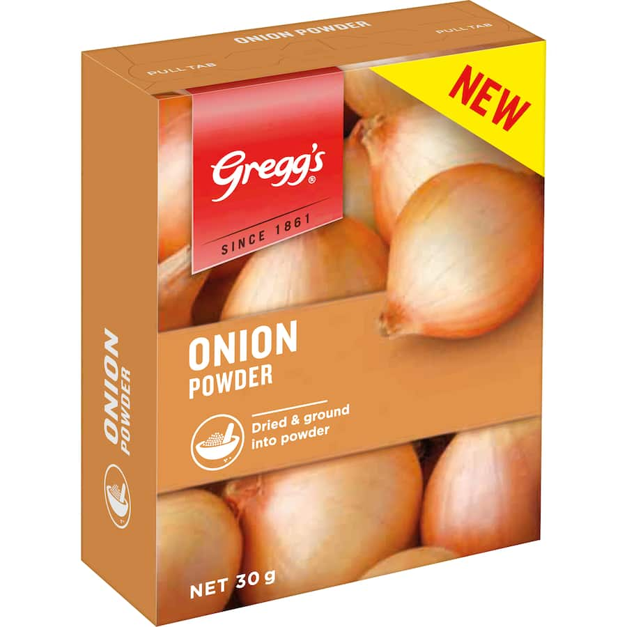 Gregg's Onion Powder in a container, ideal for enhancing soups, stews, and marinades with rich onion flavor.