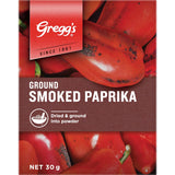 Vibrant red Gregg's Paprika Smoked Ground in a resealable pouch, perfect for enhancing flavors in meats and vegetables.