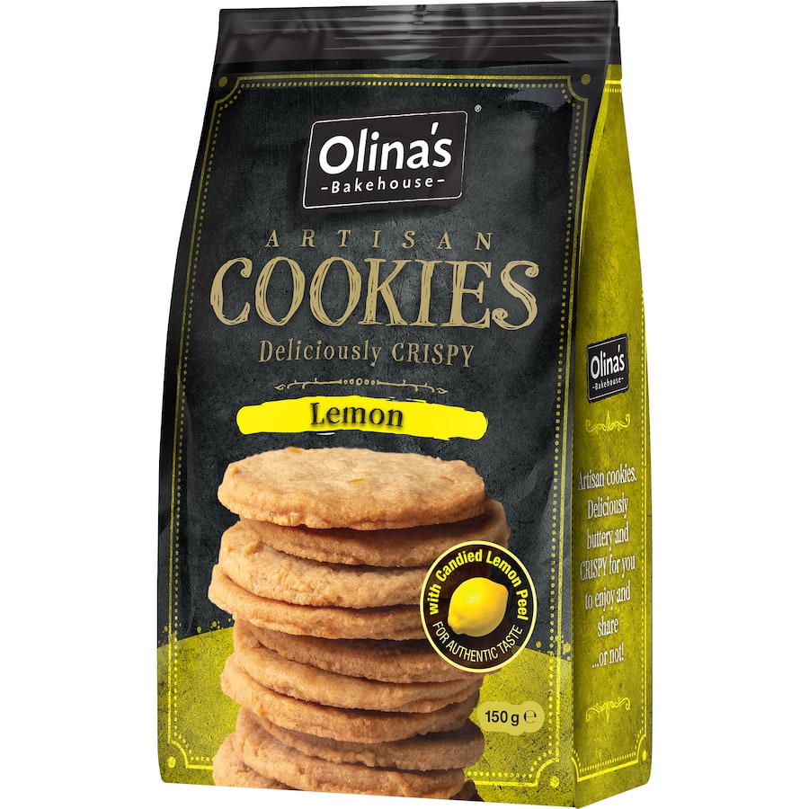 A box of Olina's Bakehouse Artisan Lemon Cookies showcasing buttery, tangy cookies, perfect for tea time or indulgent snacks.