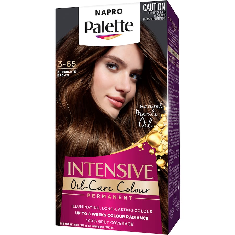 Napro Palette Hair Colour in Choc Brown 3.65, offering rich color, 100% grey coverage, and deep hair care in a 140ml tube.