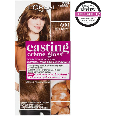 L'Oreal Paris Casting Hair Colour Creme Gloss in Light Brown 600 for natural-looking color and shine, enriched with honey for soft hair.