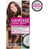 L'Oreal Paris Casting Hair Colour Creme in Medium Brown 500, offering glossy, natural color and nourishing honey conditioner.