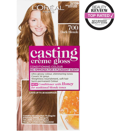 L'oreal Paris Casting Hair Colour Creme Gloss Dark Blonde 700, ammonia-free hair dye for vibrant, glossy hair with honey nourishment.