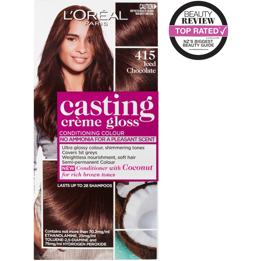 L'Oreal Paris Casting Hair Colour Creme Gloss Iced Choc 415 showcases glossy, vibrant color with nourishing honey conditioner.