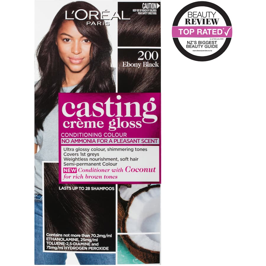 L'Oreal Paris Casting Hair Colour Creme Gloss in Ebony Black, showcasing deep, glossy color with nourishing honey conditioner.