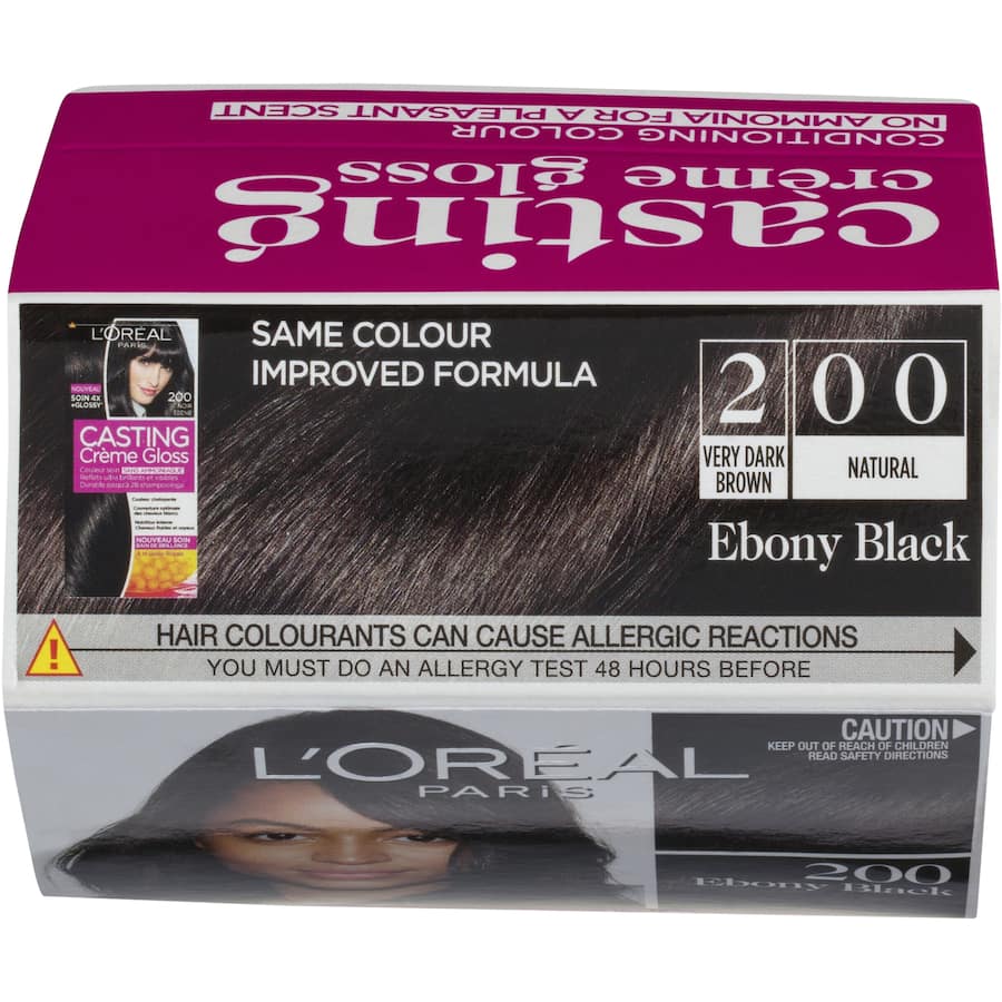 L'Oreal Paris Casting Hair Colour Crème Gloss in Ebony Black, providing rich, glossy color with nourishing honey conditioner.