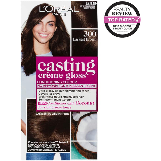 L'oreal Paris Casting Hair Colour Creme Gloss in Darkest Brown 300, offers vibrant, glossy color with no ammonia for up to 28 shampoos.