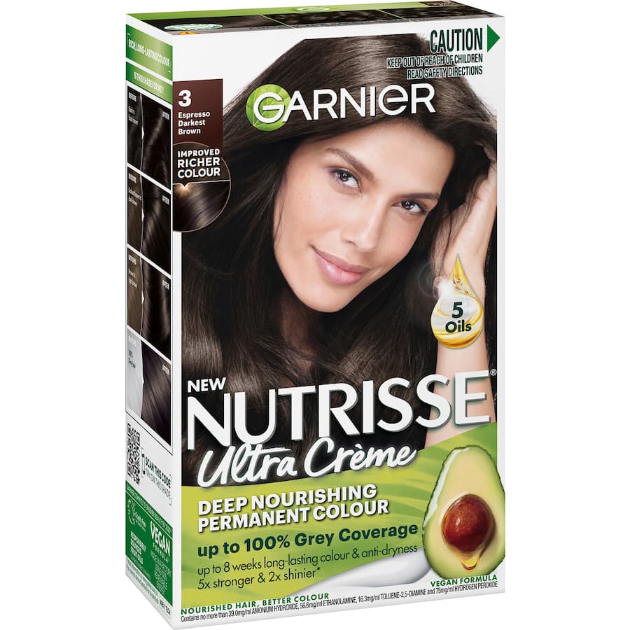 Garnier Nutrisse Hair Colour Espresso 3.0 offers rich brown color, 100% grey coverage, and deep nourishment for shiny, healthy hair.