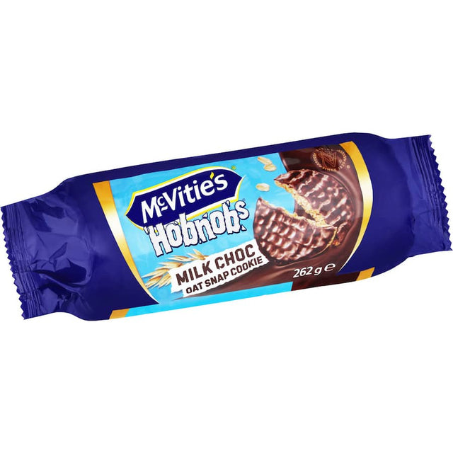 Crunchy McVitie's Hobnobs biscuits topped with rich milk chocolate, perfect for snacking or dunking in tea or coffee.