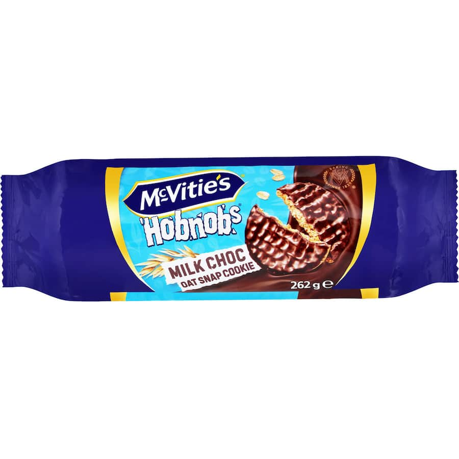 Delicious McVitie's Hobnobs chocolate biscuits with crunchy oat base, covered in milk chocolate, perfect for snacking or dunking.