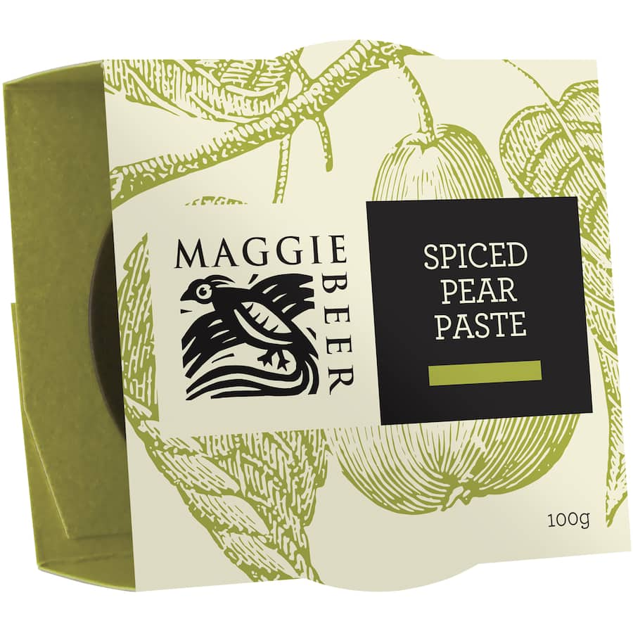 Maggie Beer Fruit Paste Spiced Pear, a gourmet blend for cheese lovers, featuring sweet and spicy flavors ideal for cheese boards.