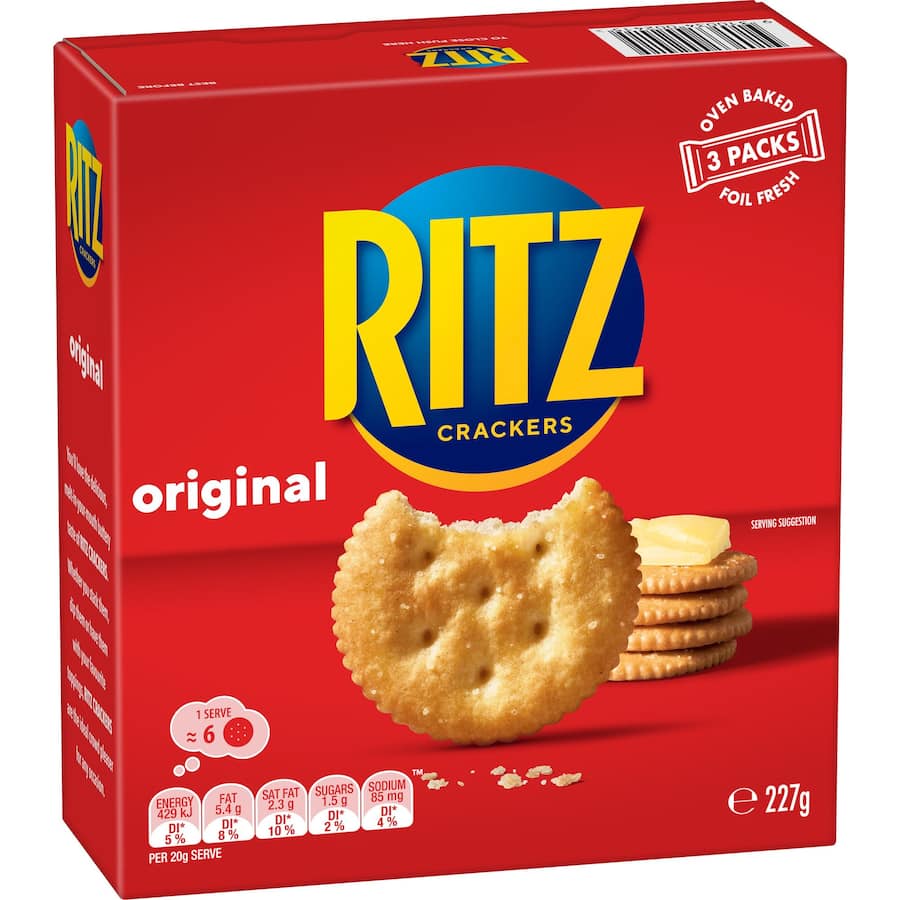 Oven-baked Ritz Crackers Original with a buttery texture and crunch, perfect for snacking or serving with toppings.