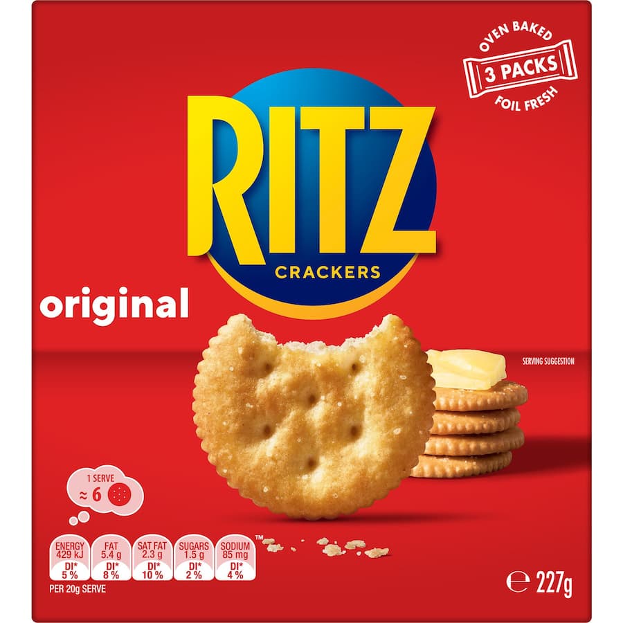 Oven-baked Ritz Crackers Original with buttery texture, perfect for snacking, parties, or appetizers.