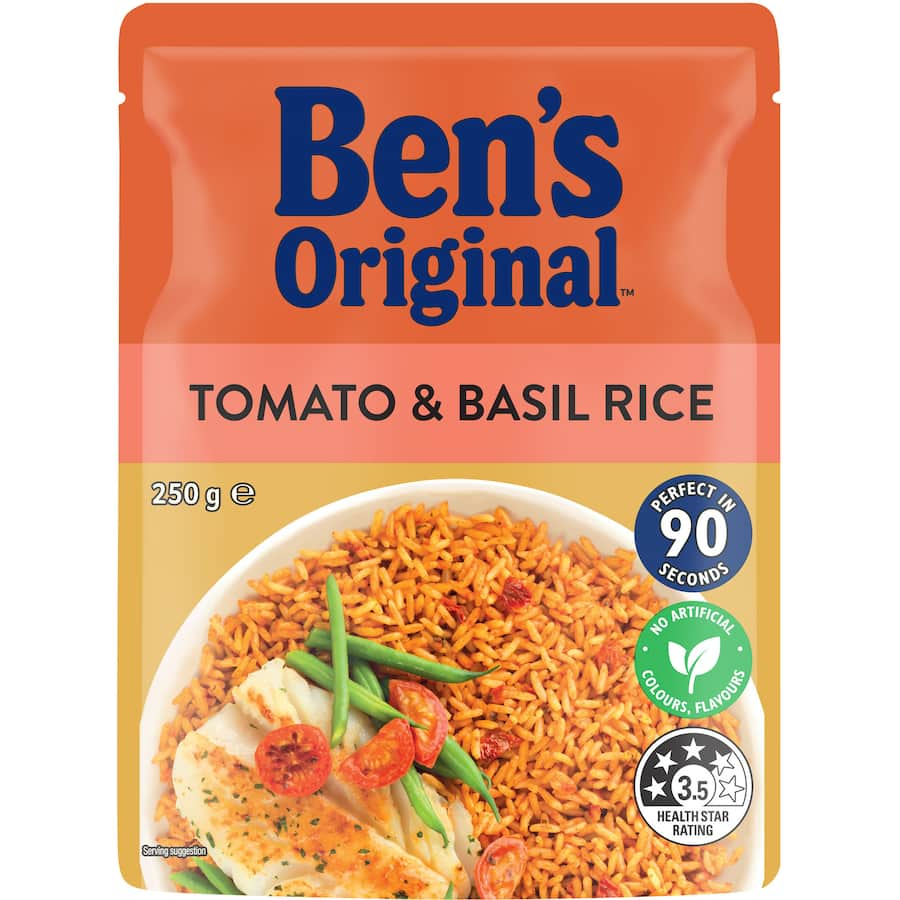 Ben's Original Microwave Rice Tomato & Basil, featuring long grain rice, tomatoes, and basil, ready in 90 seconds.