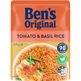 Ben's Original Microwave Rice Tomato & Basil, featuring long grain rice, tomatoes, and basil, ready in 90 seconds.