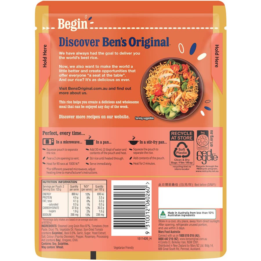 Ben's Original Microwave Rice Tomato & Basil, featuring long grain rice, tomatoes, basil, and garlic, ready in 90 seconds.