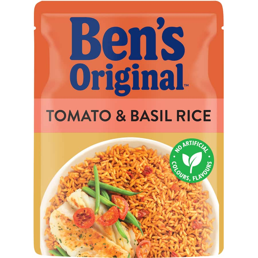 Bens Original Tomato & Basil Microwave Rice, ready in 90 seconds, made with natural ingredients for a quick flavorful meal.